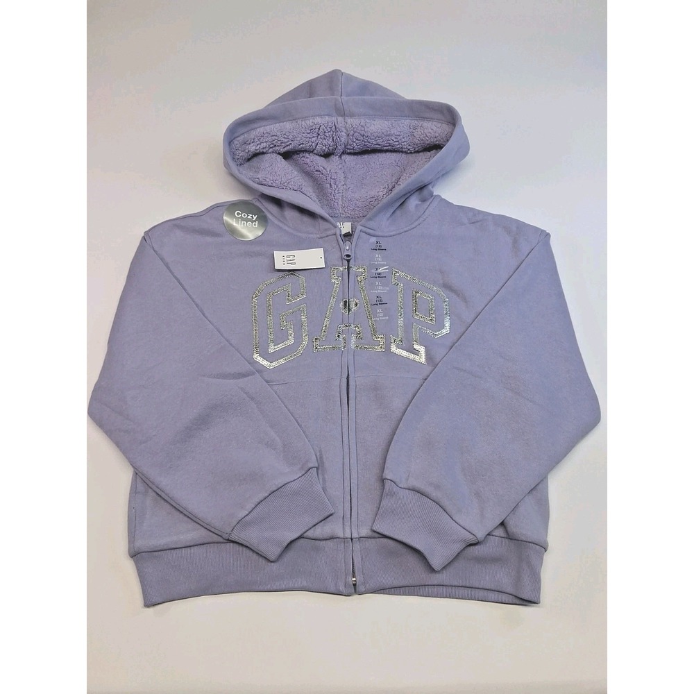 Gap Kids Girl's XL Size 12 Silver Logo Lavender COZY Lined Full Zip Up Hoodie